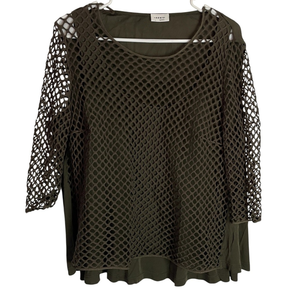 Akris Punto Womens Diamond Mesh Overlay Top Size 14 Green Netting 3/4 Sleeve